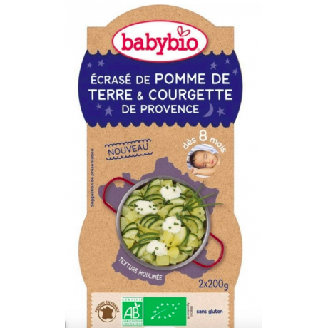 BABYBIO BOL REPAS BONNE NUIT BIO 2X200G DES 8 MOIS ECRASE DE POMME DE TERRE COURGETTE