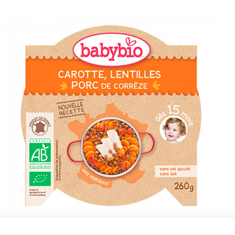 BABYBIO PLAT REPAS ASSIETTE JOUR AVEC MORCEAUX 260G DES 15 MOIS - CAROTTE LENTILLES PORC