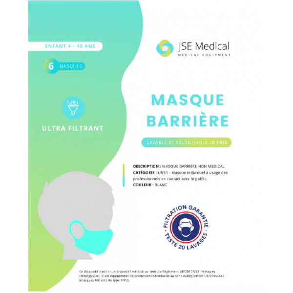 Masque barrière catégorie 1 UNS1 enfant 4-10 ANS sachet de 6 masques 20 lavages