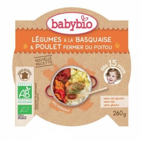 BABYBIO PLAT REPAS ASSIETTE JOUR AVEC MORCEAUX DES 15 MOIS 260G - LEGUMES DU SOLEIL POULET BASQUAISE RIZ