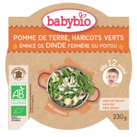 BABYBIO ASSIETTE REPAS AVEC MORCEAUX BIO DES 12 MOIS - HARICOT VERT 230G - EMINCE DE DINDE