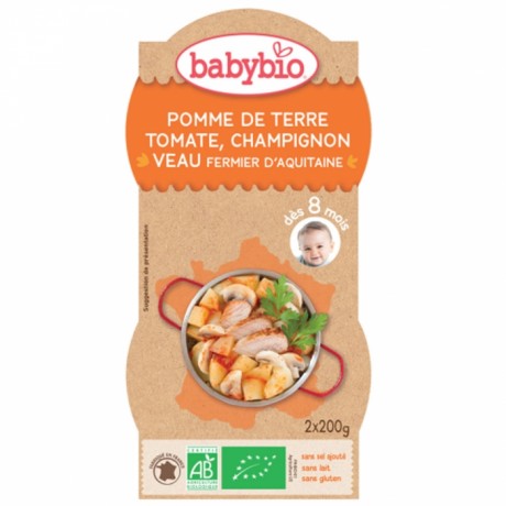 BABYBIO MENU DU JOUR BOL BIO DES 8 MOIS 2X200G  - POMME DE TERRE TOMATE CHAMPIGNON VEAU