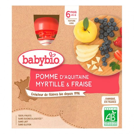 BABYBIO Gourde Pomme Myrtille Fraise 4x90g