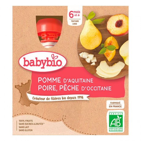 BABYBIO 4 gourdes pomme poire pêche dès 6 mois BABYBIO 4 gourdes pomme poire pêche dès 6 mois