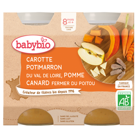 BABYBIO POTS CAROTTE POTIMARRON DU VAL DE LOIRE POMME CANARD FERMIER DU POITOU 2*200G