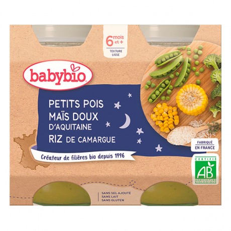 BABYBIO Petits pots Petits Pois Maïs Riz 6 mois 2x200g