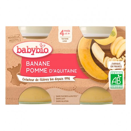BABYBIO Petits pots banane et pomme d'Aquitaine dès 4 mois - 2 x 130g BABYBIO Petits pots banane et pomme d'Aquitaine dès 4 mois - 2 x 130g