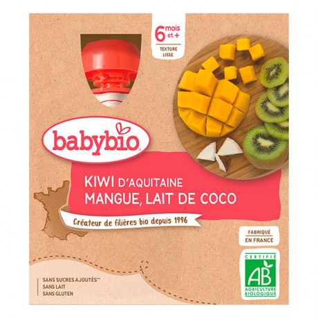 BABYBIO Gourde au kiwi d'Aquitaine, mangue et lait de coco 4x90g