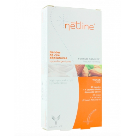 NETLINE 20 BANDES DE CIRE DEPILATOIRE VISAGE + 4 SACHETS D'HUILE D'AMANDE DOUCE