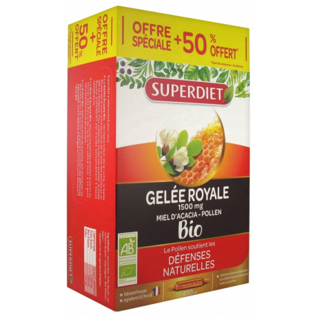 Super Diet Gelée Royale Miel d'Acacia Pollen Bio 20 Ampoules + 10 Ampoules Offertes