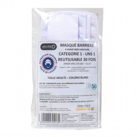 MASQUE BARRIERE ALVITA ADULTE 30 LAVAGES LOT DE 2 MASQUES MASQUE BARRIERE ALVITA ADULTE 30 LAVAGES LOT DE 2 MASQUES