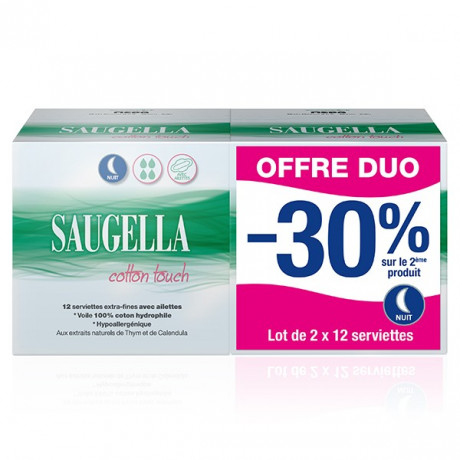 Saugella Cotton Touch Serviettes Extra Fines Nuit Avec Ailettes Lot de 2 x 12 protections Saugella Cotton Touch Serviettes Extra Fines Nuit Avec Ailettes Lot de 2 x 12 protections
