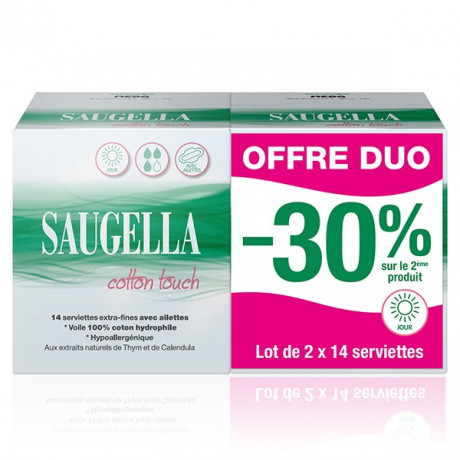 Saugella Cotton Touch Serviettes Extra Fines Jour avec Ailettes Lot de 2 x 14 protections Saugella Cotton Touch Serviettes Extra Fines Jour avec Ailettes Lot de 2 x 14 protections