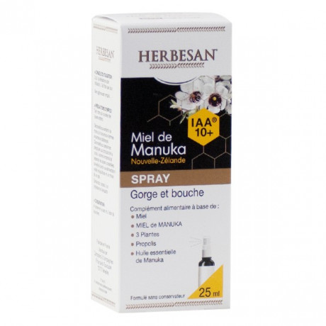 Herbesan Miel de Manuka IAA10+ Spray Gorge et Bouche Bio 25ml Herbesan Miel de Manuka IAA10+ Spray Gorge et Bouche Bio 25ml