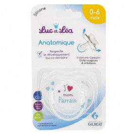 Luc et Léa Sucette Silicone Symétrique avec Anneau J'aime mon Parrain 0-6m
