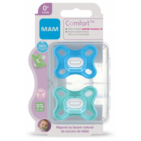 MAM Comfort 2 Sucettes en Silicone 0 Mois et + et une Boîte de Stérilisation - Couleur : Bleu MAM Comfort 2 Sucettes en Silicone 0 Mois et + et une Boîte de Stérilisation - Couleur : Bleu