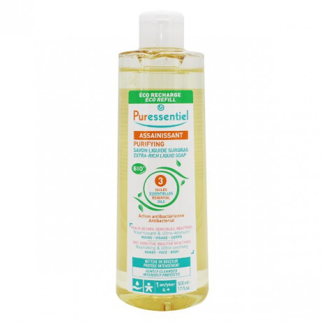 Puressentiel Assainissant Savon Liquide Surgras Aux 3 Huiles Essentielles Bio Eco-Recharge 500ml