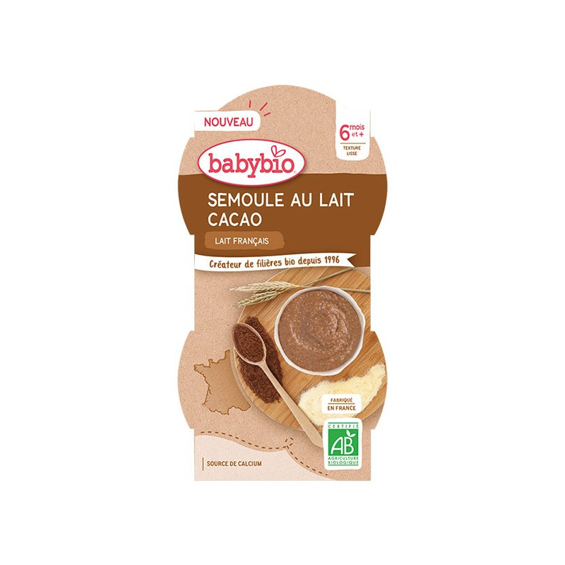 Babybio Desserts Lactés Bol Semoule au Lait Cacao +6m Bio Lot de 2