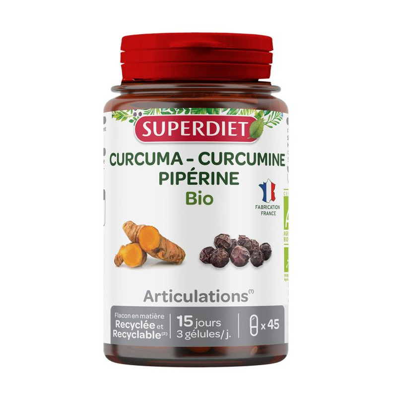 Curcuma curcumine piperine Super Diet contribue au bon fonctionnement des  articulations.